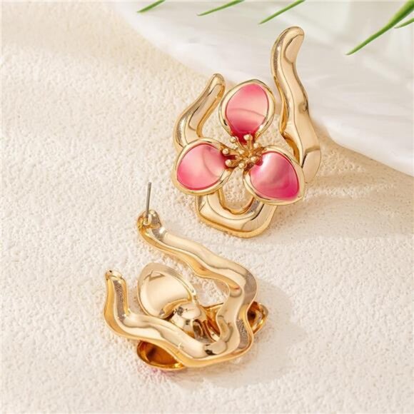 Bold Enamel Flower Earrings | Chunky Gold Floral Drop Dangles - Picture 3 of 5